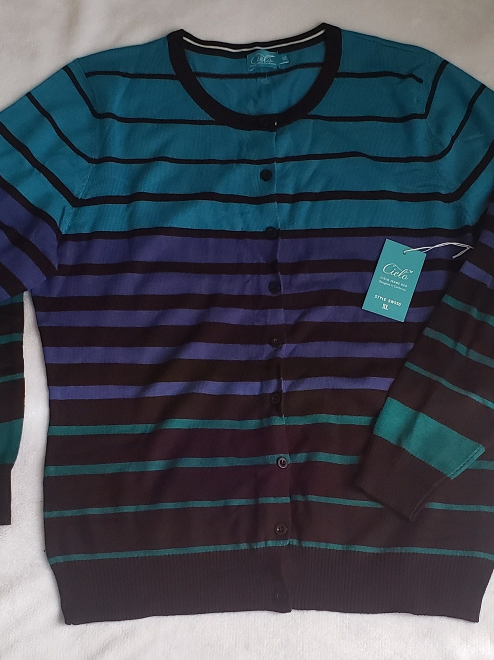Cielo Striped Button-Front Cardigan in Teal, Navy & Black